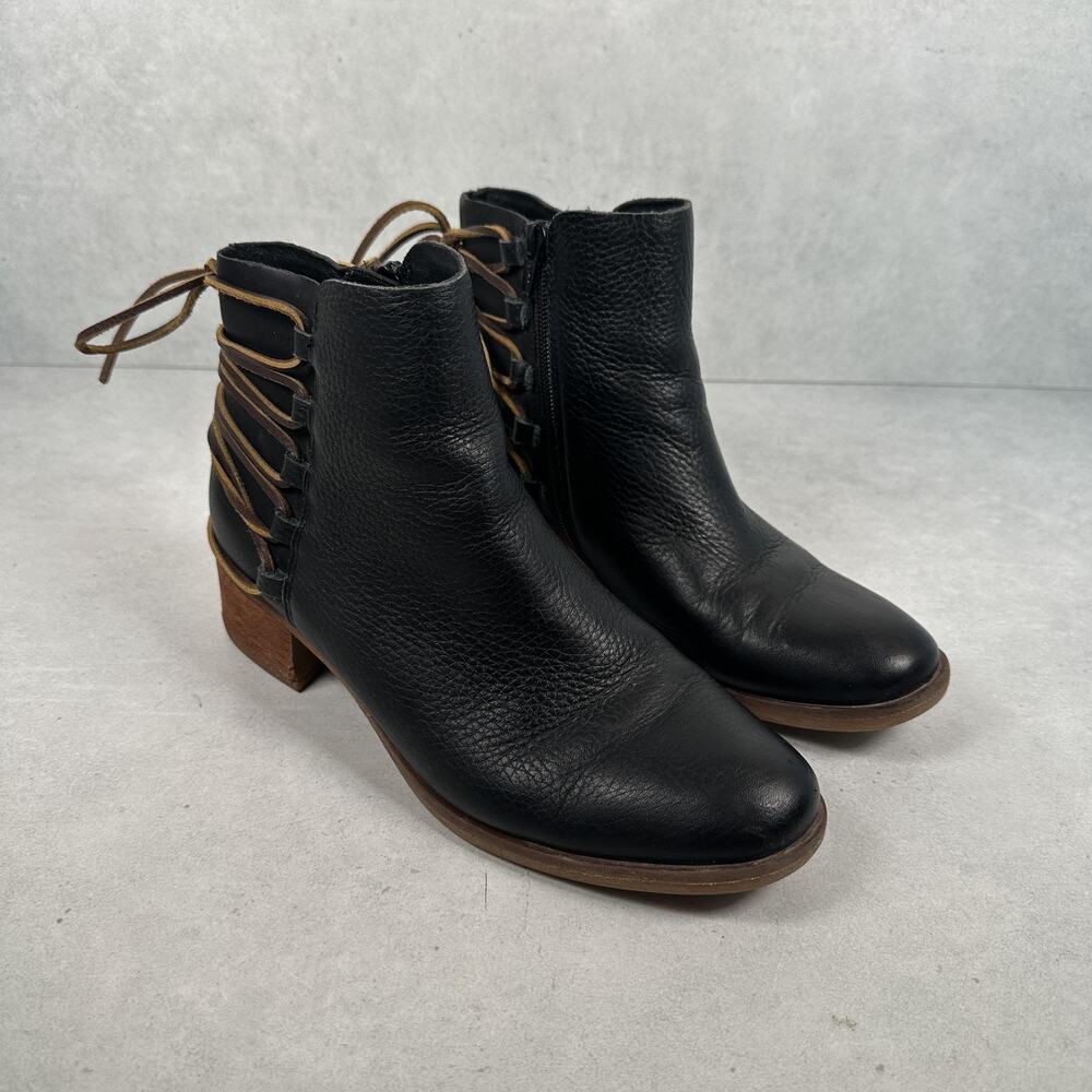 Korks Boots Womens Size 8.5 Black Leather Ankle Block Heel Western Zip Lace Up